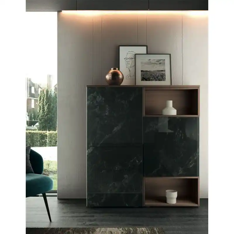 Madia moderna Cuore con 3 ante in finitura Bianco calce, Quercia brown e Vetro marmo dark Bestseller