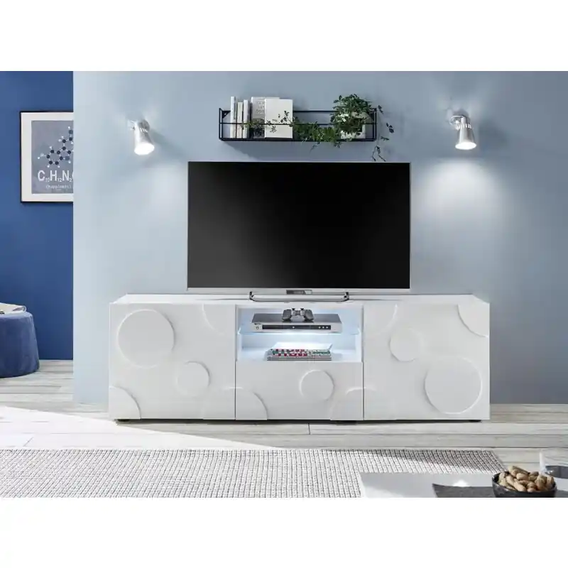 Porta TV cerchio 2 ante 1 cassetto, finitura bianco lucido, design moderno Sconto