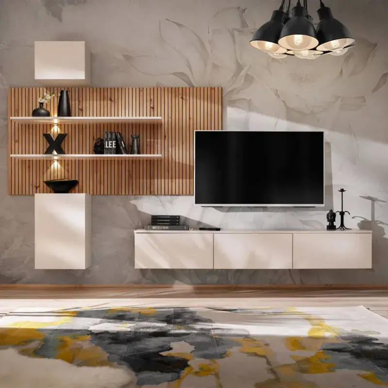 Parete attrezzata sospesa in cannettato, 280x35x180 h cm, Cashmere e Artisan Prezzo Basso