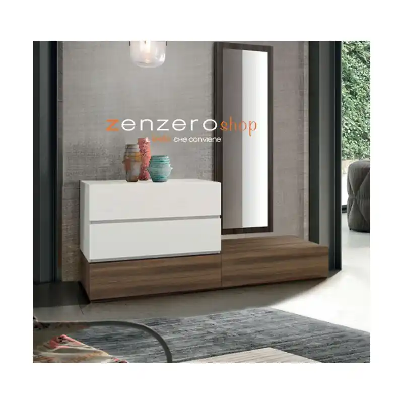 Pagamento Sicuro Comò particolare largo con 4 cassetti di alta qualità in finitura Frassinato bianco e Quercia Brown