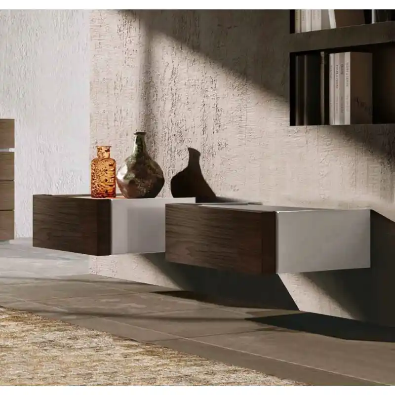 Offerta Limitata Comodini sospesi Palawan in finitura Grigio seta e Noce Moro