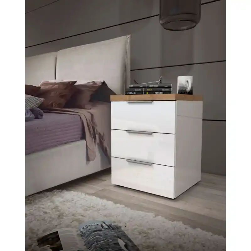 Super Prezzo Moderno comodino a 3 cassetti, finitura Bianco lucido e Castagno