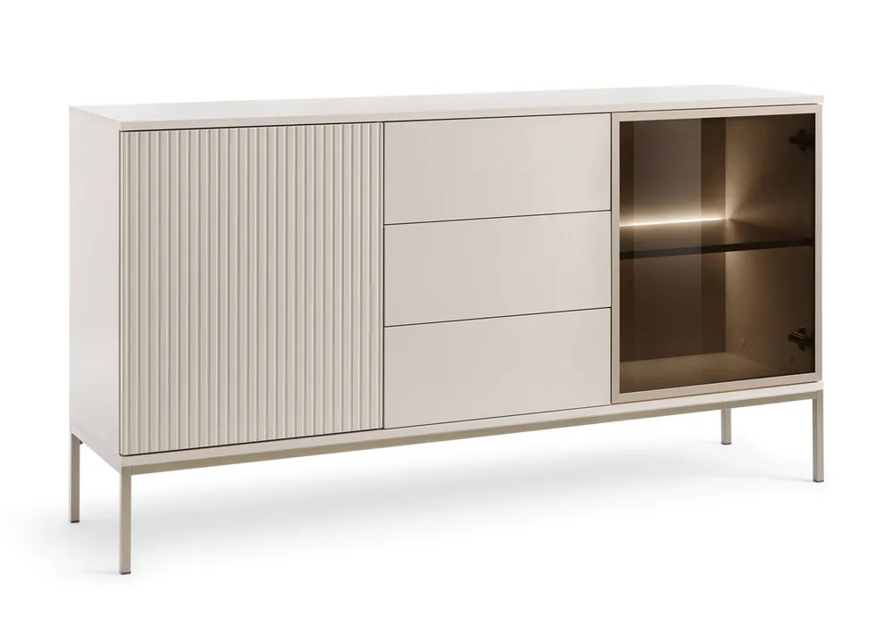 Credenza moderna con anta in vetro illuminata LED integrato 83 x 154 x 39 cm Cachemire 3 cassetti, 2 ante, 4 scomparti Apertura a pressione Must-Have