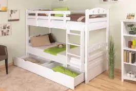 Letto a castello "Easy Premium Line" K19/n in faggio massello bianco, incl. 2 cassetti e 2 pannelli laterali - 90 x 200 cm, testiera e pediera forate, divisibile Prezzo Basso