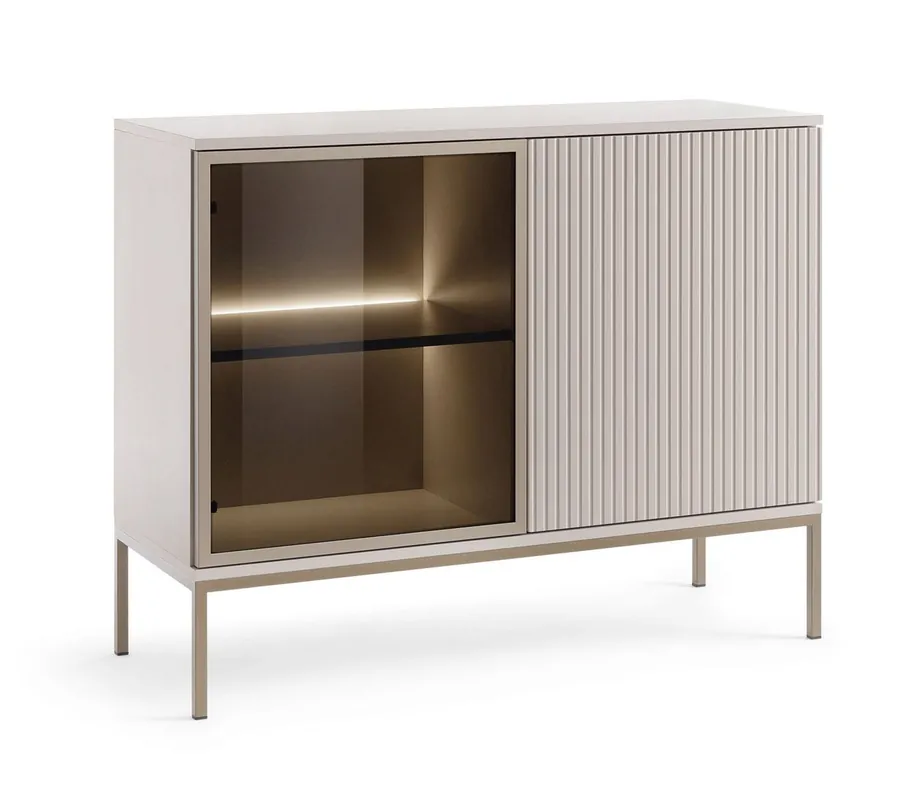 Prezzo Basso Cassettiera elegante con ante in vetro Cashmere 83 x 104 x 39 cm 4 scomparti LED integrato Push-to-open