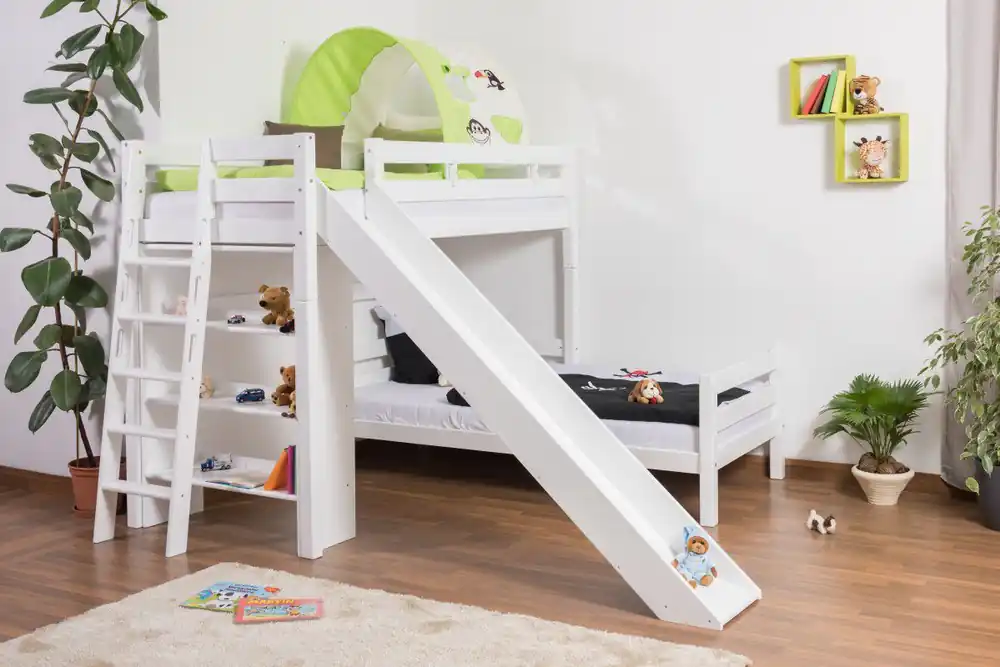 Letto a castello per bambini Pauli in faggio massiccio laccato bianco Con ripiano e scivolo 90 x 200 cm divisibile Bestseller