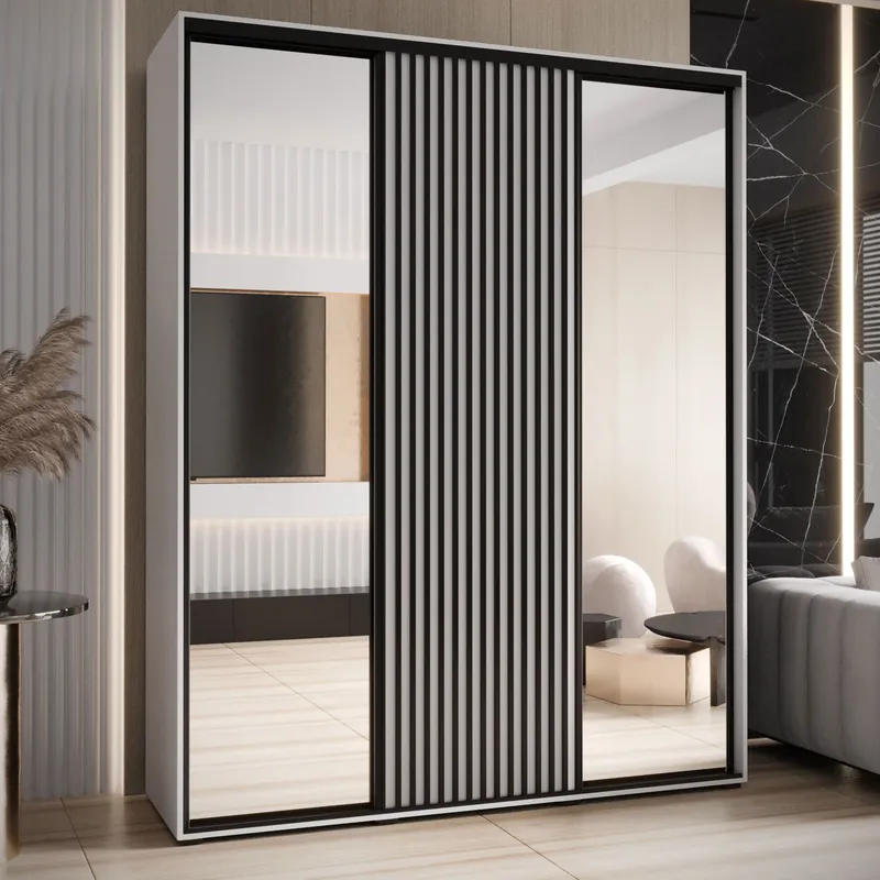 Saldi Armadio bianco con ante scorrevoli e specchi Mina Maniglia nera in metallo Salvaspazio 235,2 x 200 x 60 cm Ampia capacità