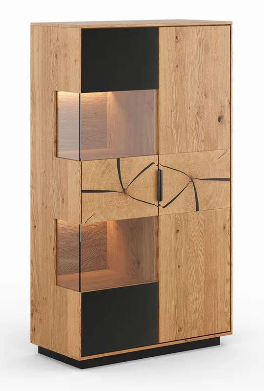 Offerta Vetrina Rania 18 a 2 ante Legno massiccio rovere/nero 52 x 200 x 39 cm 10 scomparti Illuminazione LED