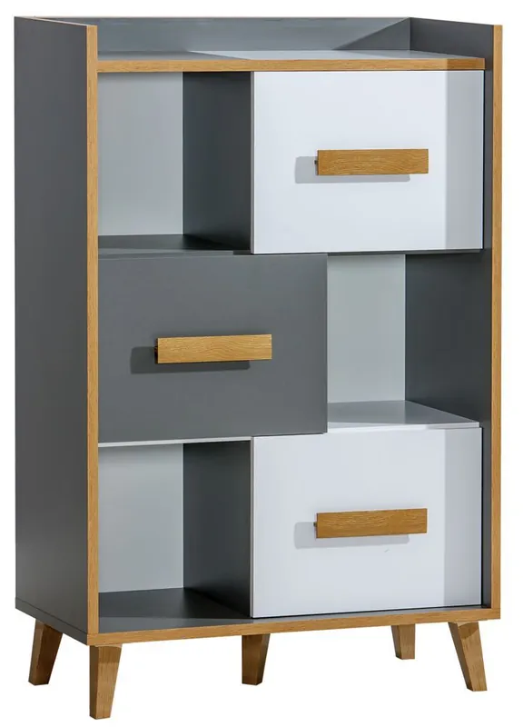 Vendita Finale Cassettiera moderna Caranx 5 bianco-rovere-antracite 135 x 90 x 42 cm 6 scomparti spaziosi