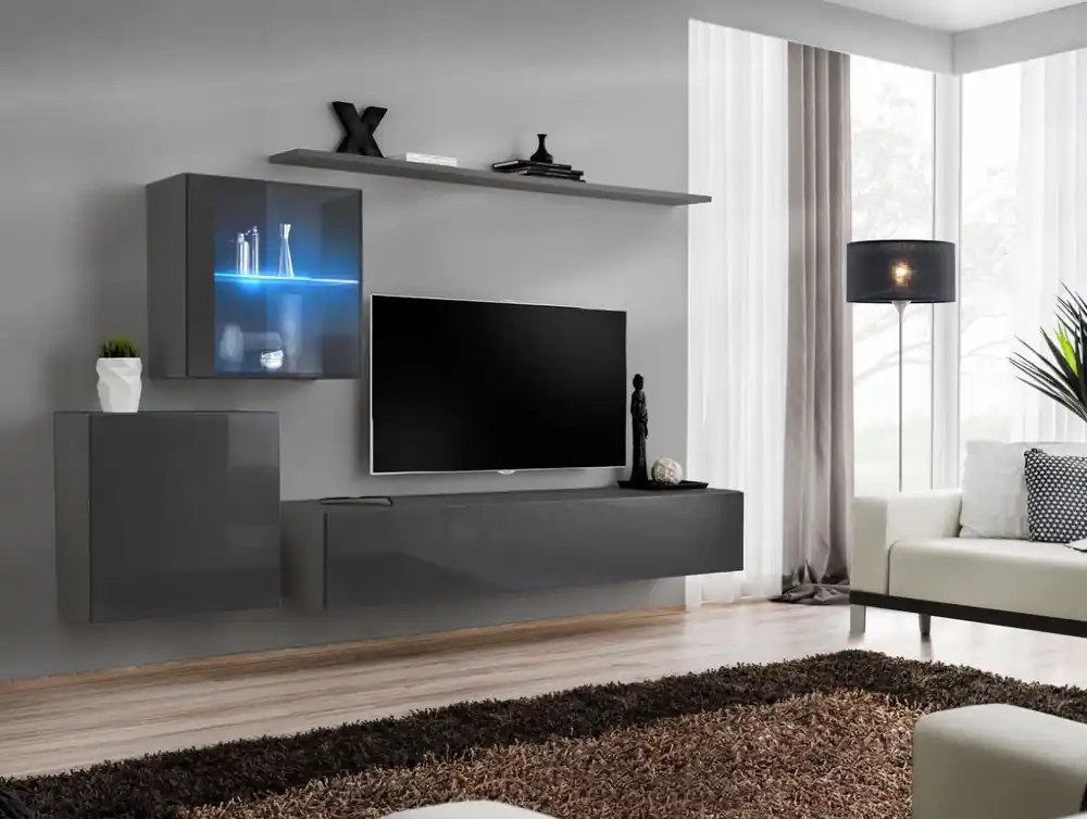 Pensile soggiorno moderno Balestrand 227 Grigio elegante 150 x 250 x 40 cm Illuminazione LED Compra Online