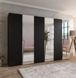 Ultime Pezzi Armadio ad ante battenti "Rida" 12, nero, maniglie nero, 3 ante a specchio, 3 scomparti, 3 barre appendiabiti, Sistema "Soft-Close", 300 x 52 x 202 cm