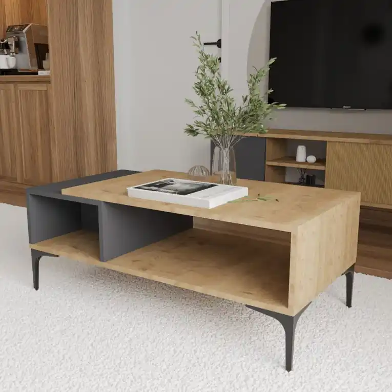 Tavolino da Salotto Marrone Rovere Nero Antracite 2 Vani con Piedini 90x50x39h cm, Forma Rettangolare - Parcines Non Perdere