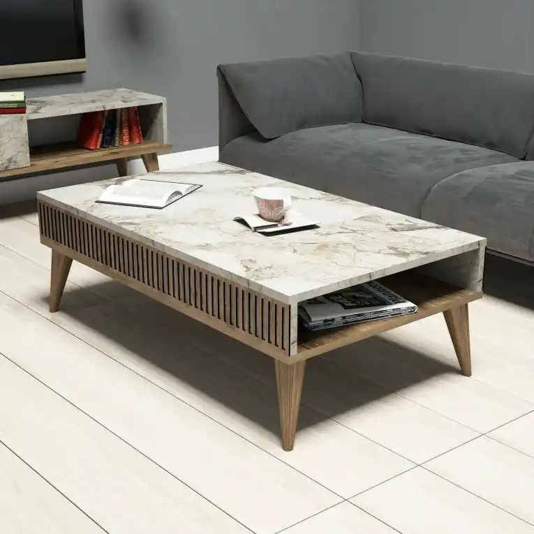 Prezzo Di Fabbrica Tavolino da salotto rettangolare noce e bianco 105x60x34h cm - Atrani