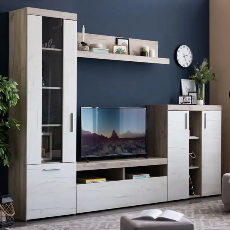 Offerta Lampo Parete Attrezzata Bianco Larice Marrone Rovere Nodi Modulabile 14 Ripiani 262x35x195h cm, Cassetti - Oggiono