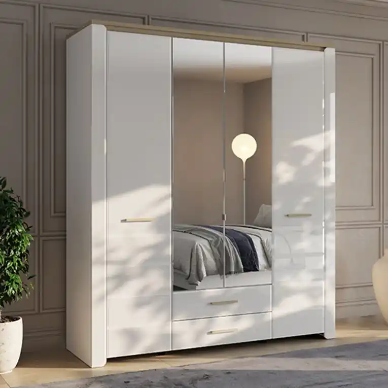Di Tendenza Guardaroba Grande Bianco Opaco Marrone Rovere 2 Cassetti 8 Ripiani 186x216h cm, Appendiabiti - Mahone