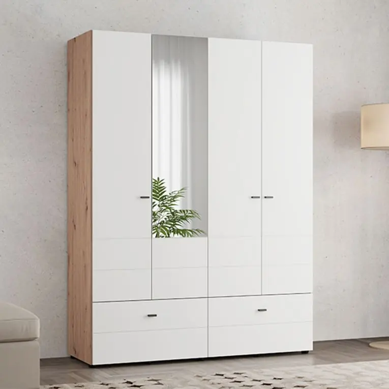 Promozione Esclusiva Guardaroba Grande Bianco Opaco Marrone Rovere Nodi 2 Ripiani 2 Cassetti 155x208h cm, Appendiabiti - Spigno