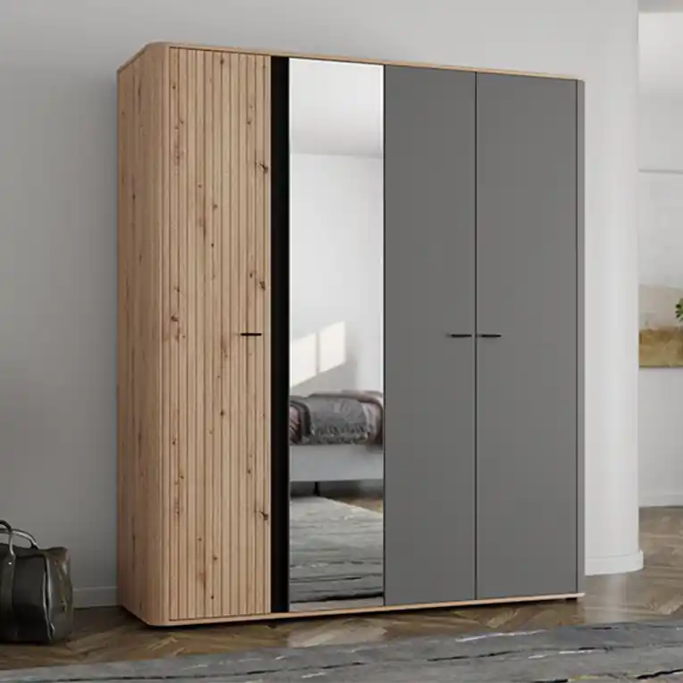 Guardaroba Grande Marrone Rovere Nodi Nero Antracite Appendiabiti 2 Ripiani 180x211h cm, 4 Vani - Truth Economico