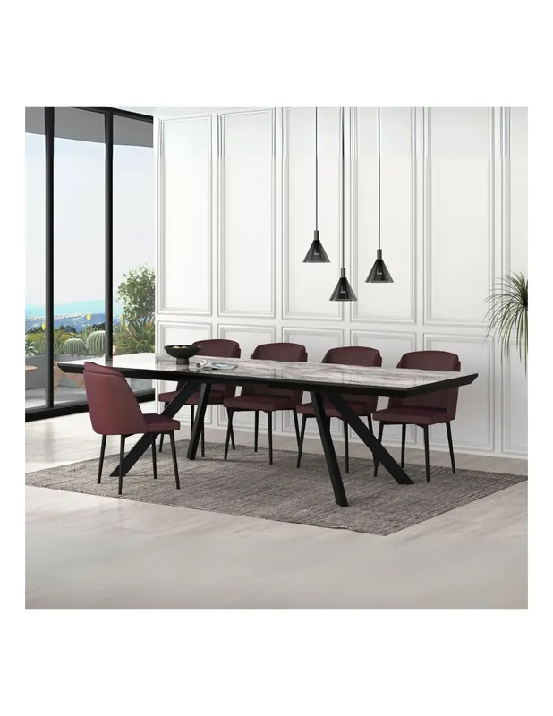Tavolo allungabile piano effetto marmo nero arabesque lucido e gambe in metallo Corin 200x100x77H Spedizione Espresso