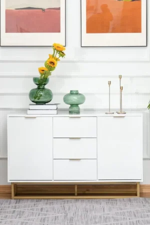 Dechome Madia Moderna 2 Ante e 3 Cassetti in Legno e Metallo 120x76h colore Bianco Prezzo Scontato
