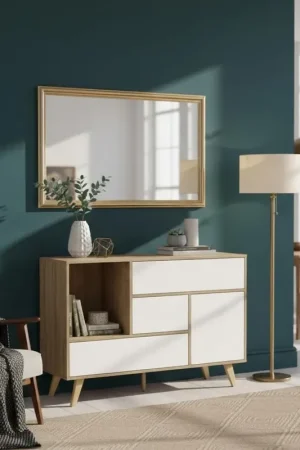 Dechome Mobile Soggiorno Moderno Basso in Legno con 1 Anta 3 Cassetti e 1 Ripiano 119x85,6h cm colore Marrone / Bianco Super Prezzo