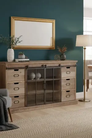 Dechome Mobile Soggiorno Stile Industriale in Legno e Vetro con 2 Ante e 6 Cassetti 147,5x81,5h cm colore Marrone Prezzo Basso