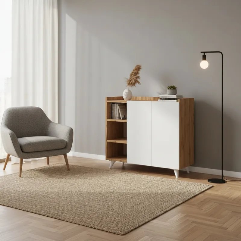 Dechome Mobile Soggiorno Stile Scandinavo 2 Ante e 3 Vani A Giorno 90x35x82 cm colore Rovere e Bianco Sconto