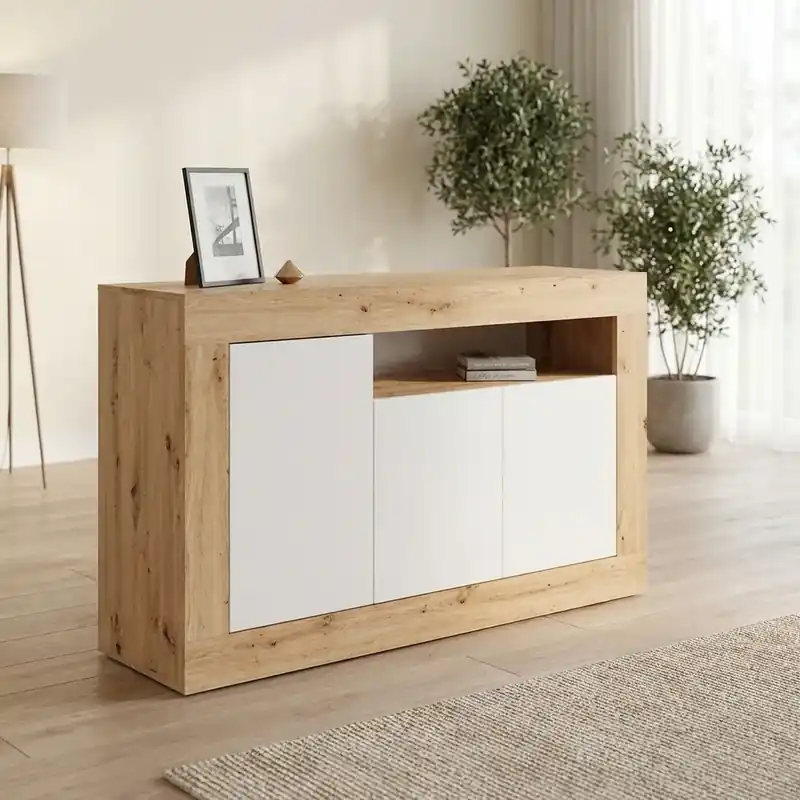 Fores Habitat Madia Moderna 3 Ante e 1 Ripiano 144x42x87 cm colore Bianco / Rovere Soddisfatti O Rimborsati