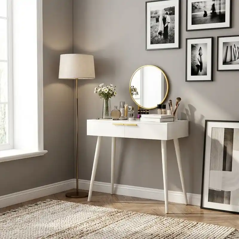 Dechome Toeletta trucco con Specchio Nordica Postazione trucco Dimensioni 80x40x123 cm colore Bianco/Oro Prezzo Di Fabbrica