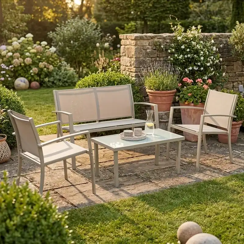 Nuova Collezione Lif Salotto da Giardino con Divano 2 Poltrone e Tavolino con Piano in Vetro in Acciaio/Textilene/Vetro colore marrone - Ettore