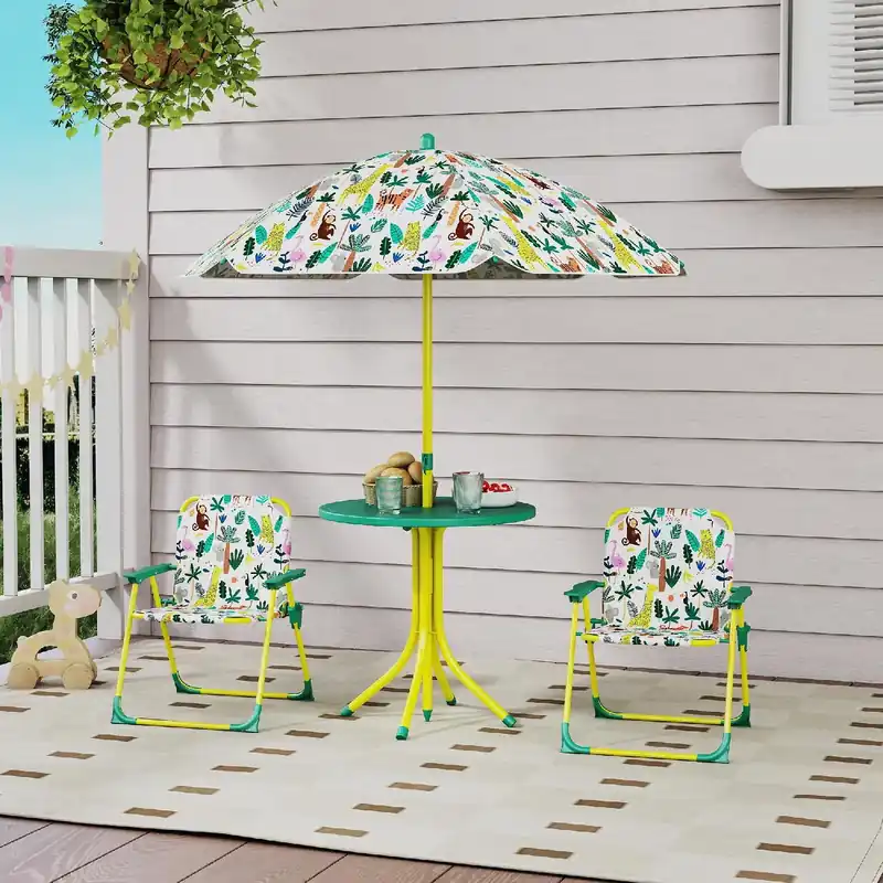 Compra Adesso Vivagarden Tavolo da Giardino Rotondo per Bambini Set Tavolo + 2 Sedie e Ombrellone colore Verde