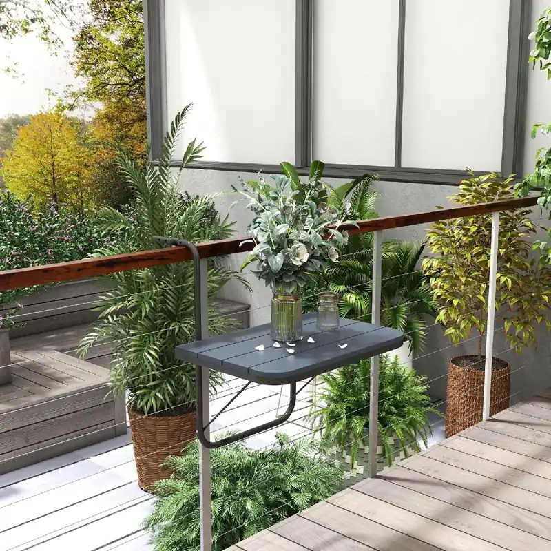 Vivagarden Tavolo da Giardino Pieghevole Tavolino da Ringhiera per Balcone in Alluminio/Legno 60x40x55-64 cm colore Nero Quantità Limitata