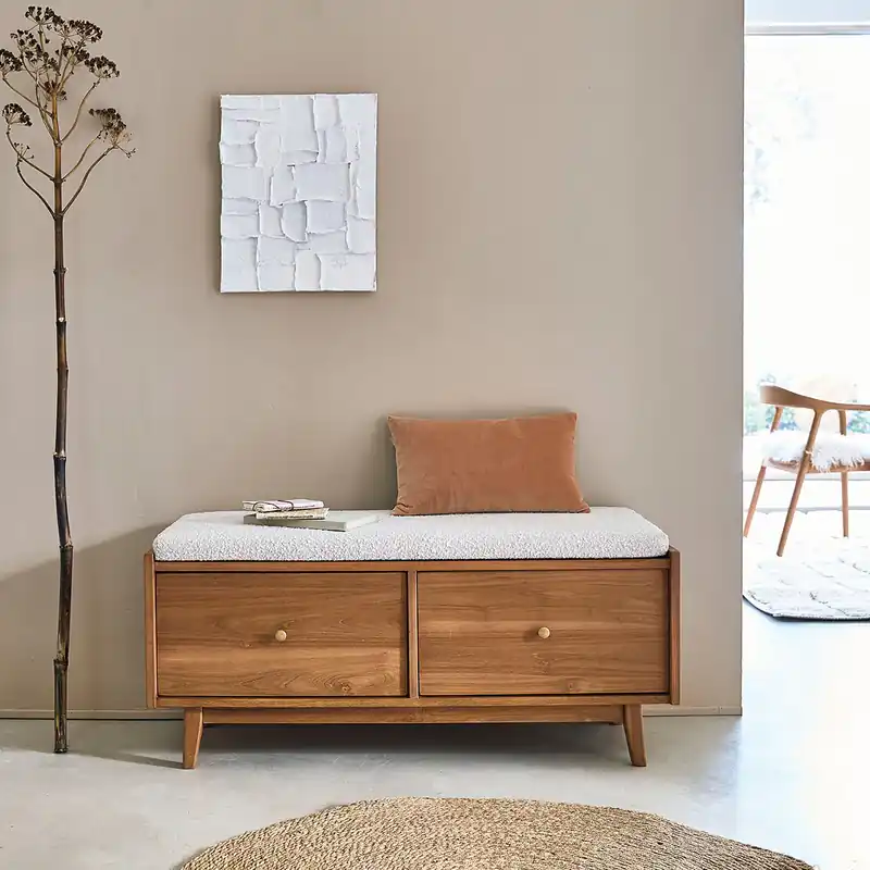 Compra Online Panchina in teak massello e tessuto bouclé 120 cm