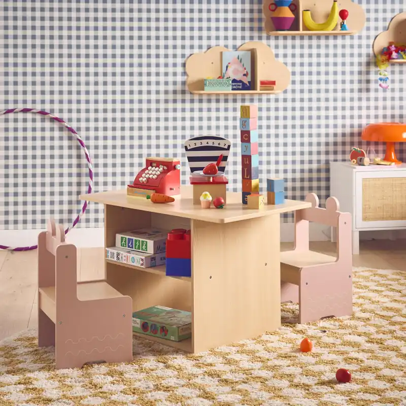 Set tavolo per bambini con 2 sedie e ripiani Direttamente Dal Produttore